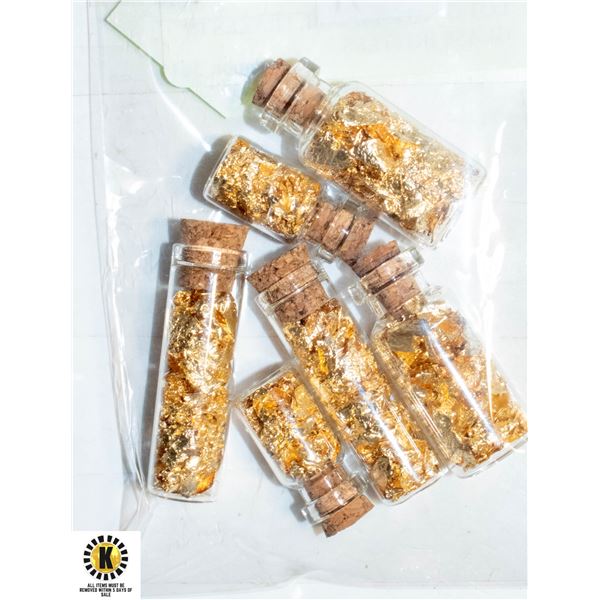 LOT OF 6 GOLD FOIL FLAKES IN GLASS BOTTLES
