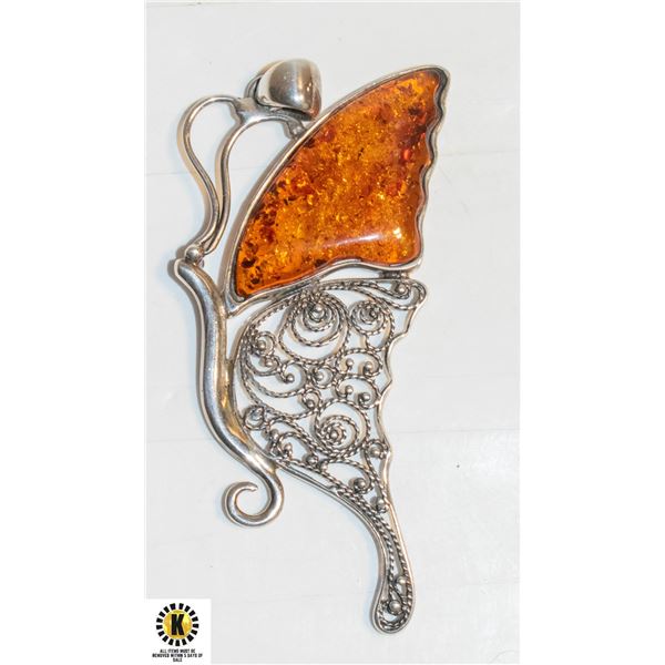 STERLING SILVER AMBER BUTTERFLY PENDANT