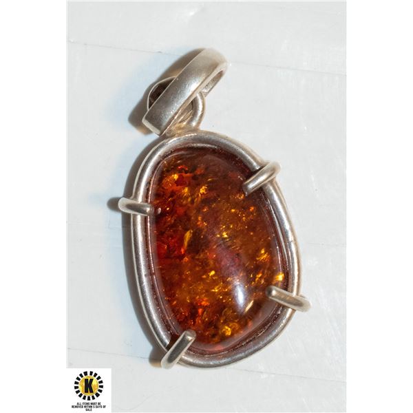 SOLID STERLING SILVER AMBER GEMSTONE PENDANT