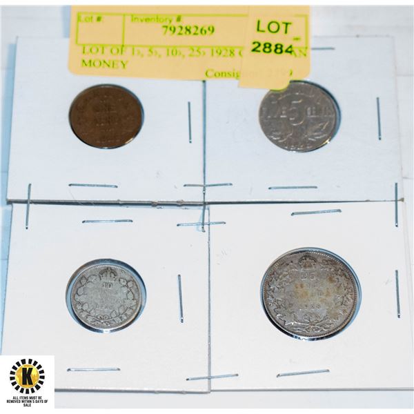 LOT OF 1›, 5›, 10›, 25› 1928 CANADIAN MONEY