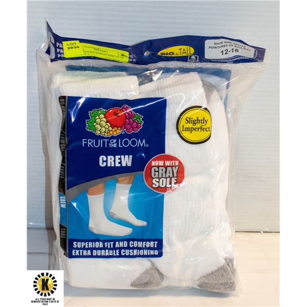 CREW SOCKS WHITE SIZE 12-16 PACK OF 6