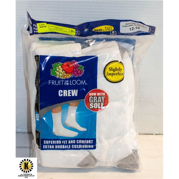 CREW SOCKS WHITE SIZE 12-16 PACK OF 6