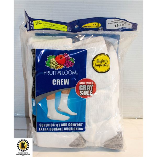 CREW SOCKS WHITE SIZE 12-16 PACK OF 6