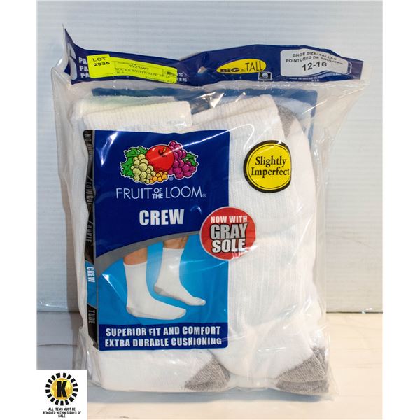 CREW SOCKS WHITE SIZE 12-16 PACK OF 6