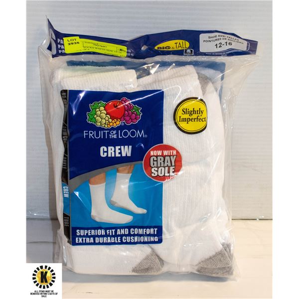 CREW SOCKS WHITE SIZE 12-16 PACK OF 6