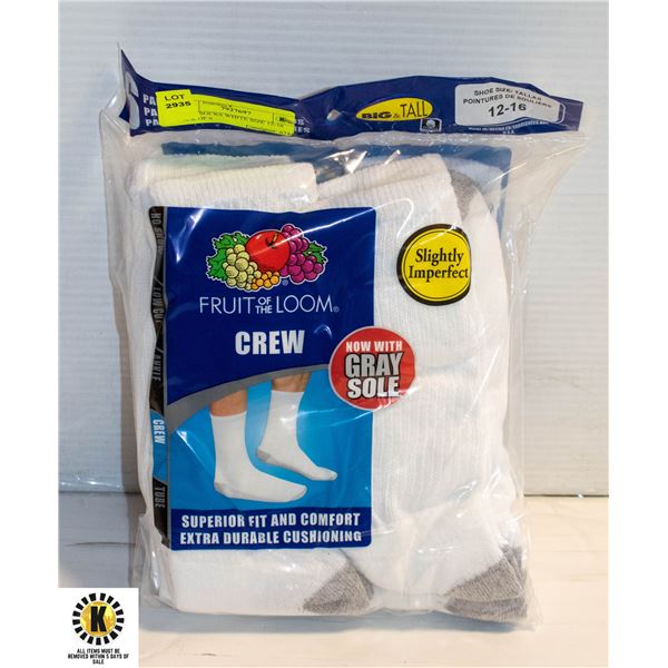 CREW SOCKS WHITE SIZE 12-16 PACK OF 6