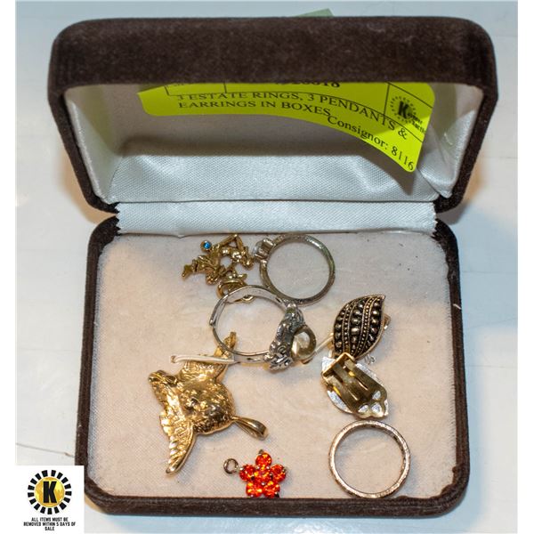 3 ESTATE RINGS, 3 PENDANTS & EARRINGS IN BOXES