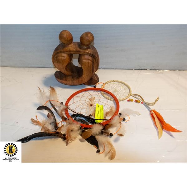 2 DREAM CATCHERS & WOOD CARVED FIGURAL STATUE