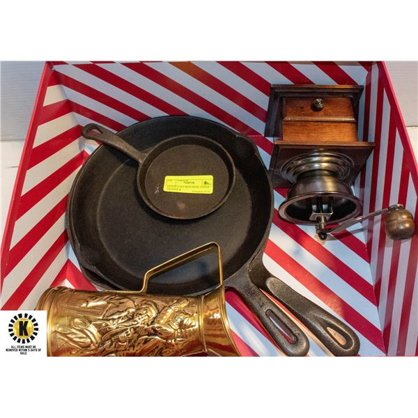 ESTATE CAST IRON PANS, COFFEE GRINDER &