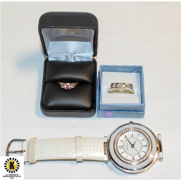 2 ESTATE RINGS IN BOXES & LADIES QUARTZ WATCH-