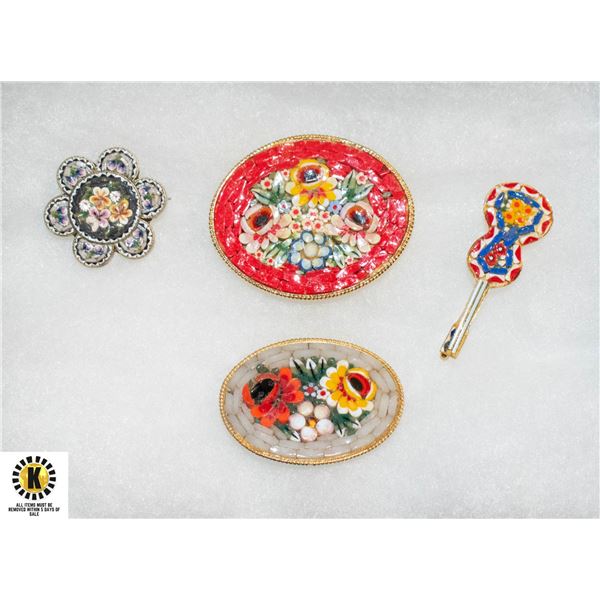 4 VINTAGE MICRO MOSAIC BROOCHES