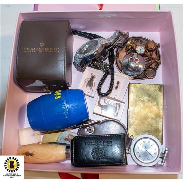 BOX OF ESTATE VINTAGE KNIVES, JEWELRY + MORE