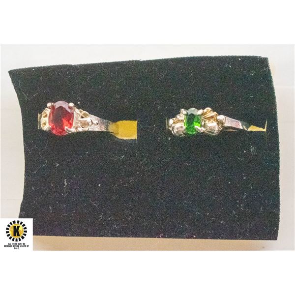 TWO 925 SILVER RINGS 1 EMERALD/GREEN STONE