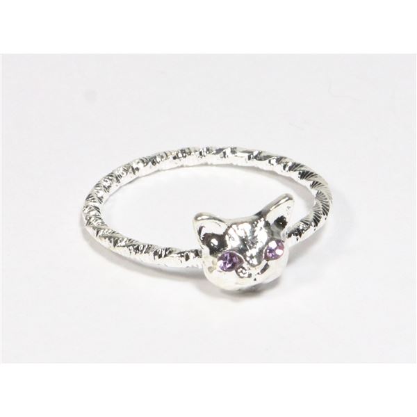 NEW SILVER TONE CAT ROPE RING WITH PINK RHINESTONE