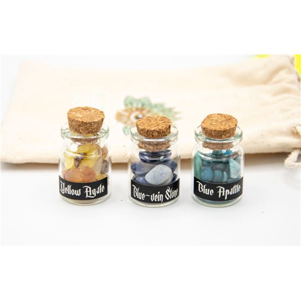 3 MINI GLASS JARS WITH GEMSTONES: BLUE APATITE,