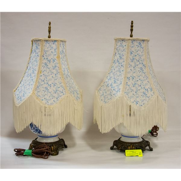 ANTIQUE PORCELAIN TABLE LAMPS W/ FRINGE SHADES