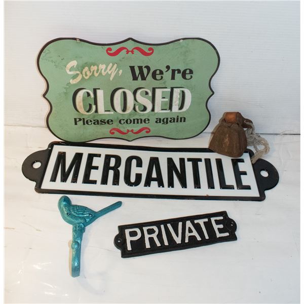 ESTATE CAST IRON & METAL SIGNS, OLD BELL, & BIRD