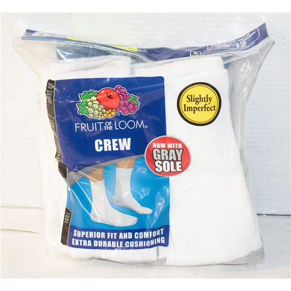 WHITE CREW SOCKS,SIZE 6-12,6 PACK,FRUIT OF THE