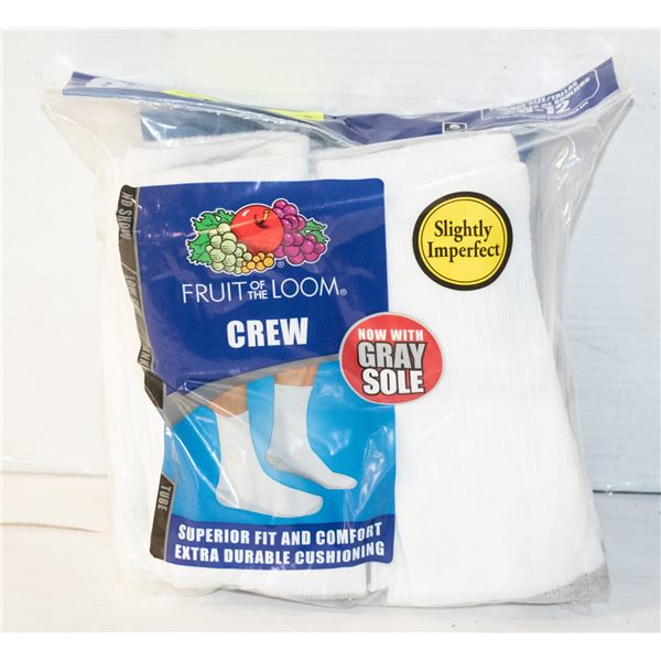 WHITE CREW SOCKS,SIZE 6-12,6 PACK,FRUIT OF THE