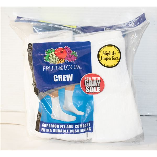 WHITE CREW SOCKS,SIZE 6-12,6 PACK,FRUIT OF THE