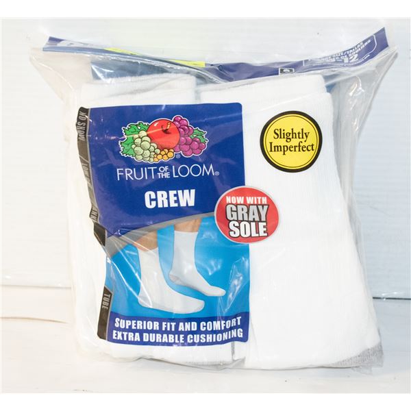 WHITE CREW SOCKS,SIZE 6-12,6 PACK,FRUIT OF THE