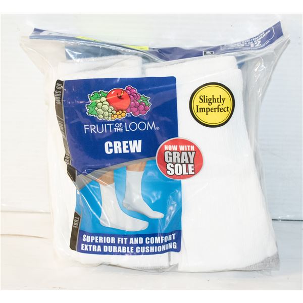WHITE CREW SOCKS,SIZE 6-12,6 PACK,FRUIT OF THE
