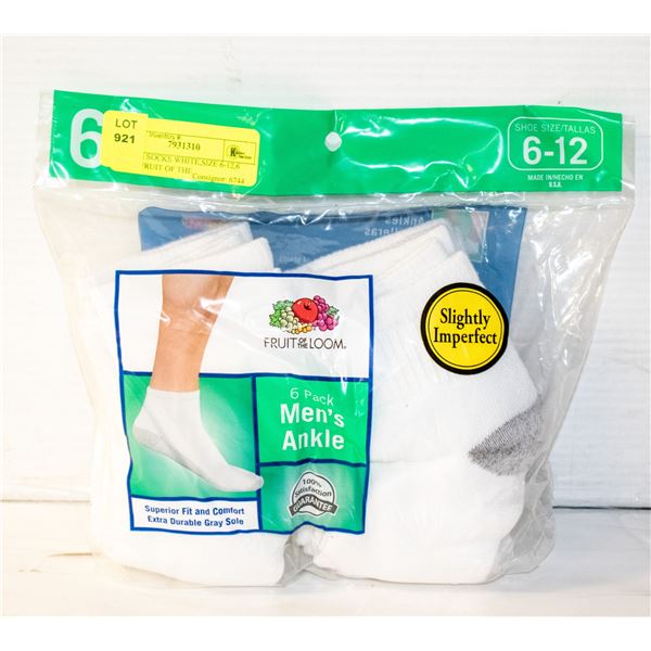 ANKLE SOCKS WHITE,SIZE 6-12,6 PACK,FRUIT OF THE