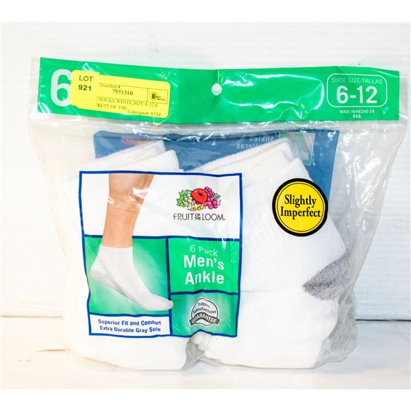 ANKLE SOCKS WHITE,SIZE 6-12,6 PACK,FRUIT OF THE