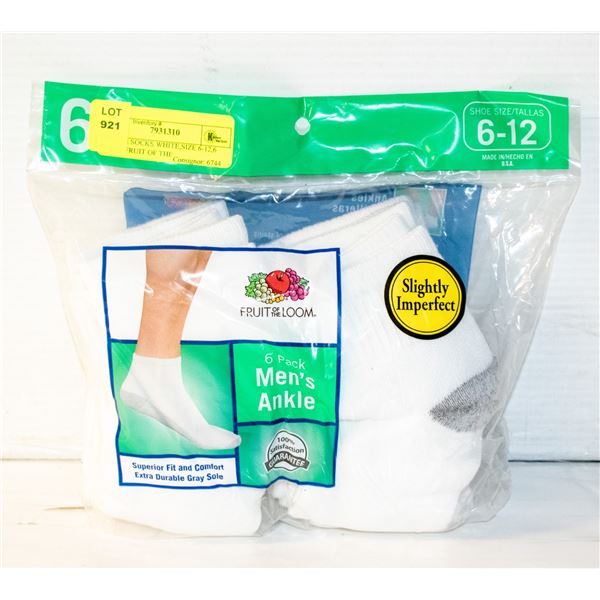 ANKLE SOCKS WHITE,SIZE 6-12,6 PACK,FRUIT OF THE