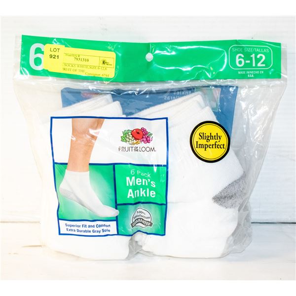 ANKLE SOCKS WHITE,SIZE 6-12,6 PACK,FRUIT OF THE