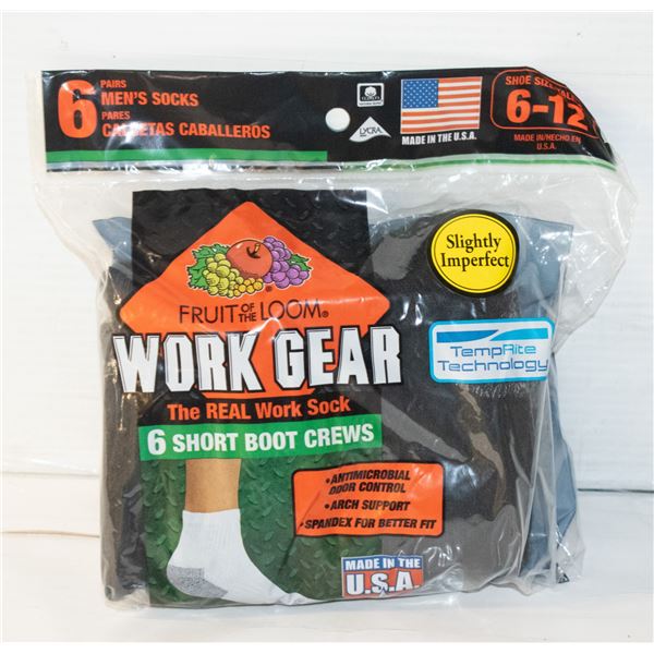 WORK BOOT SOCKS,SIZE 6-12,6 PACK,FRUIT OF THE