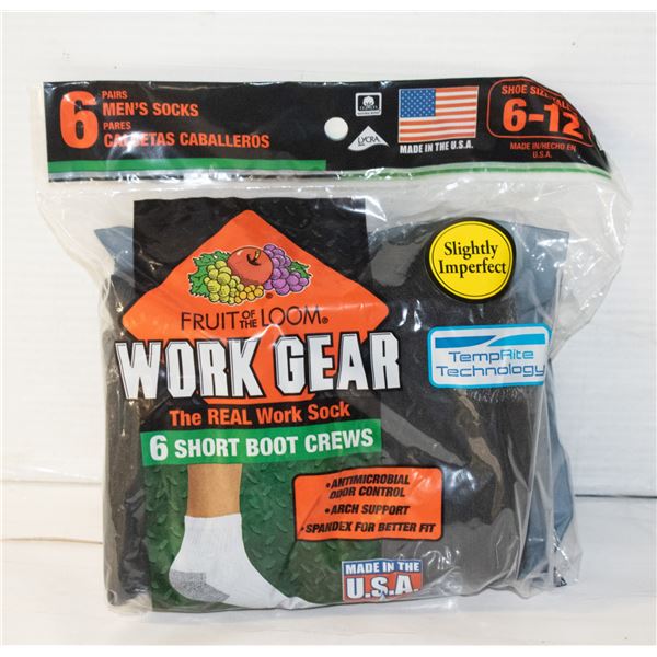 WORK BOOT SOCKS,SIZE 6-12,6 PACK,FRUIT OF THE