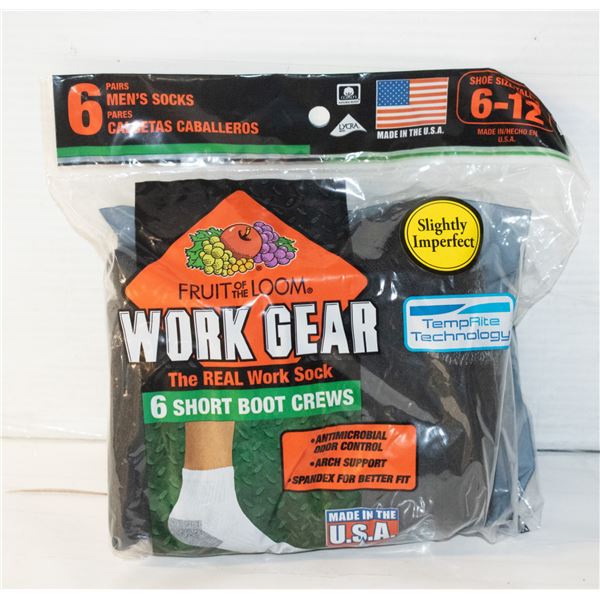 WORK BOOT SOCKS,SIZE 6-12,6 PACK,FRUIT OF THE