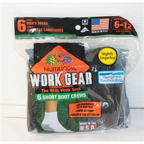WORK BOOT SOCKS,SIZE 6-12,6 PACK,FRUIT OF THE