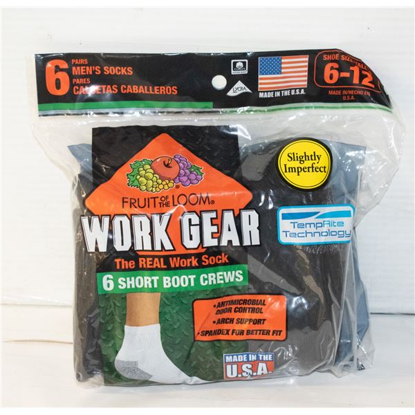 WORK BOOT SOCKS,SIZE 6-12,6 PACK,FRUIT OF THE