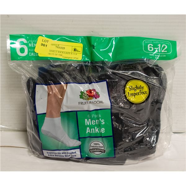 BLACK ANKLE SOCKS,SIZE 6-12,6 PACK,FRUIT OF THE
