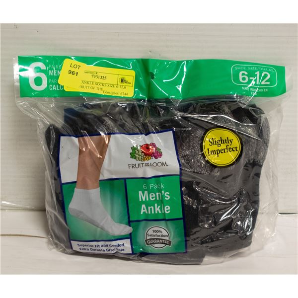 BLACK ANKLE SOCKS,SIZE 6-12,6 PACK,FRUIT OF THE