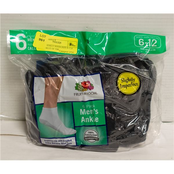 BLACK ANKLE SOCKS,SIZE 6-12,6 PACK,FRUIT OF THE
