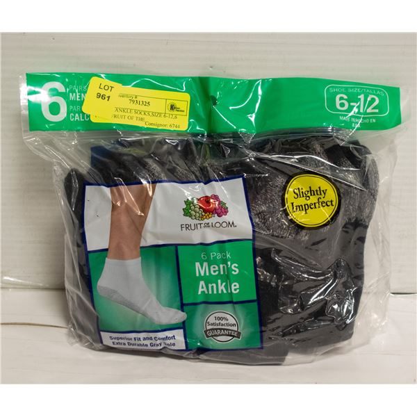 BLACK ANKLE SOCKS,SIZE 6-12,6 PACK,FRUIT OF THE