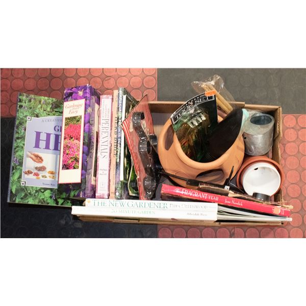 BOX LOT GARDENING, HERBS BOOKS, PLANTERS, TOOLS.