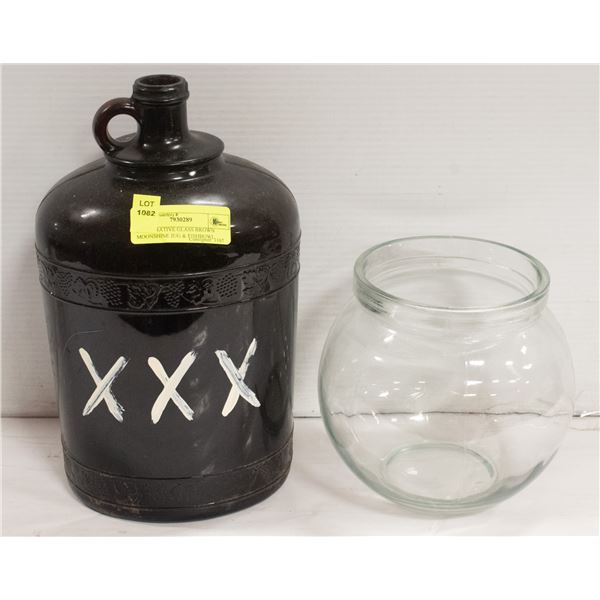 2 DECORATIVE GLASS BROWN MOONSHINE JUG & FISHBOWL