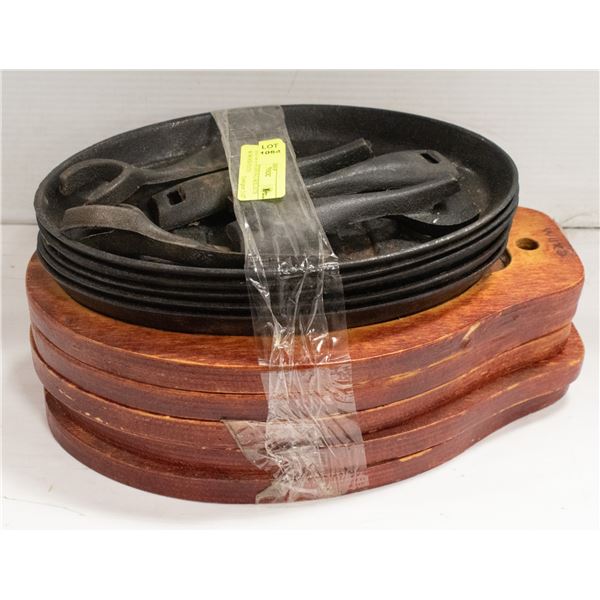 LOT OF FIVE SERVING SKILLETS W/WOOD PLATES