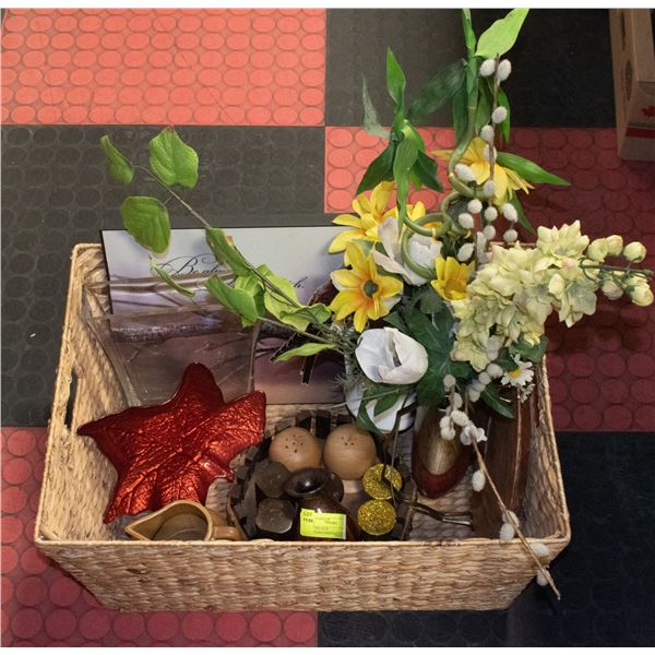 LARGE WICKER BASKET/HOUSEHOLD ITEMS-FAUX FLOWERS,