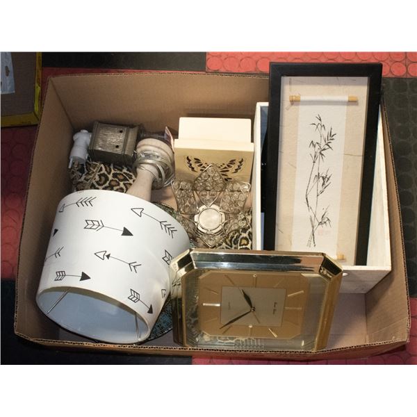 BOX OF HOME DECOR ITEMS INCL. NEW SIDE