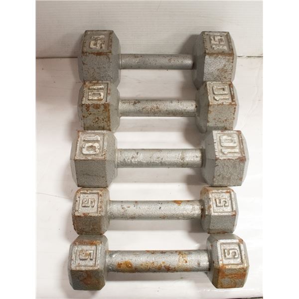 WEIGHTS - 2 X 5LB, 2 X 10LB AND 1 X 15LB