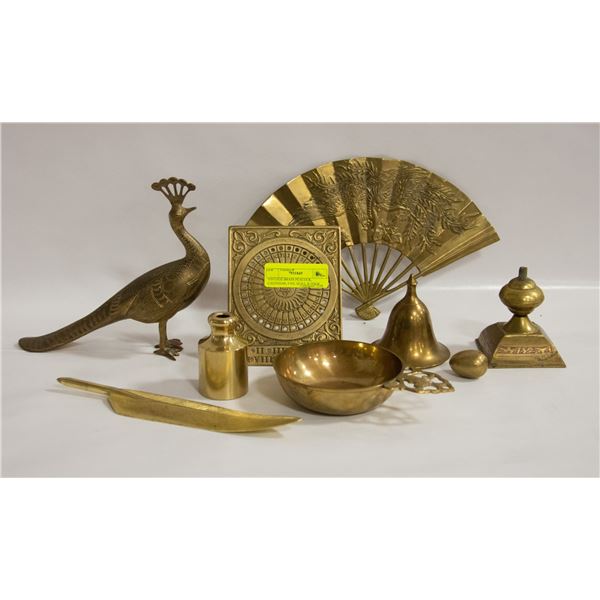 VINTAGE BRASS PEACOCK, CALENDAR, FAN, QUILL & INKW