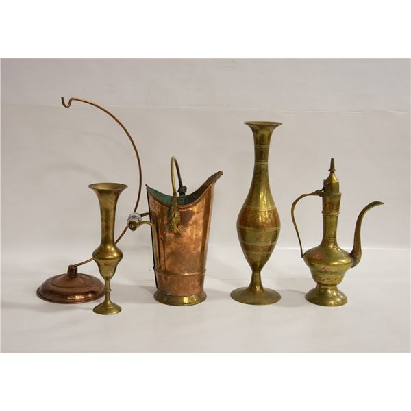 HANGING PITCHER, DECANTER, 2 SMALL VASES