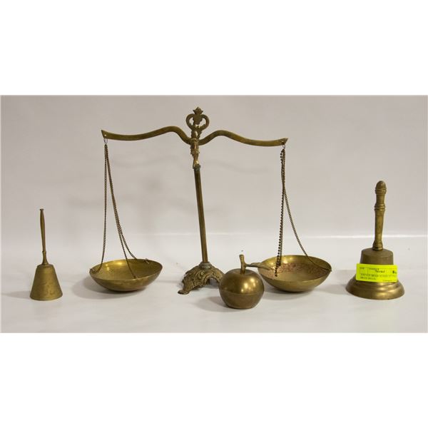 VINTAGE BRASS SCALES 12" TALL, BRASS BELLS,