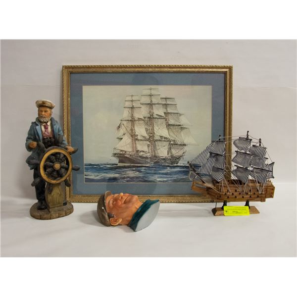 MODEL SHIP, SAILOR STATUE, FISHERMAN BUST