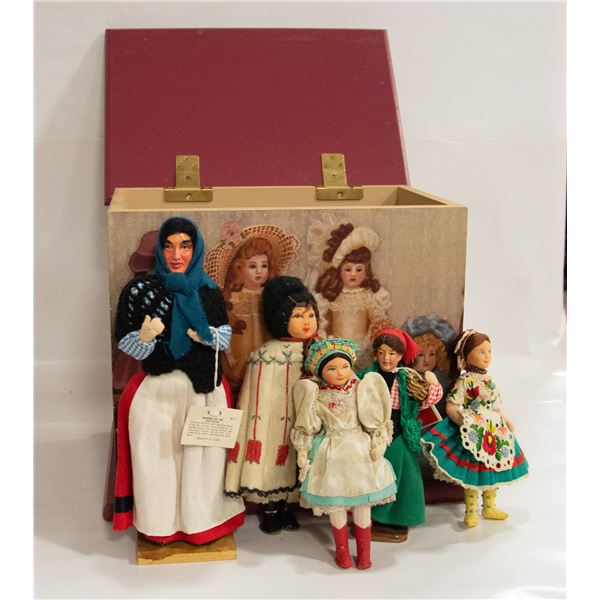 WOOD COLLECTORS DOLL BOX WITH IRISH VINTAGE OLD